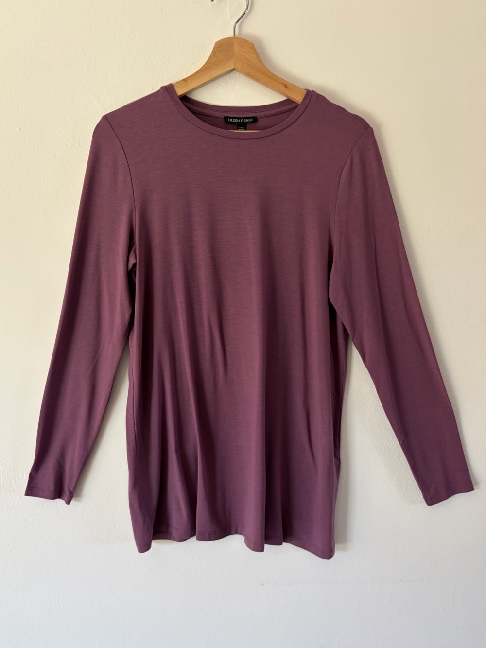 Eileen Fisher Plum Purple Crew Neck Tunic Long Sleeve Stretch Tencel Top Size XS